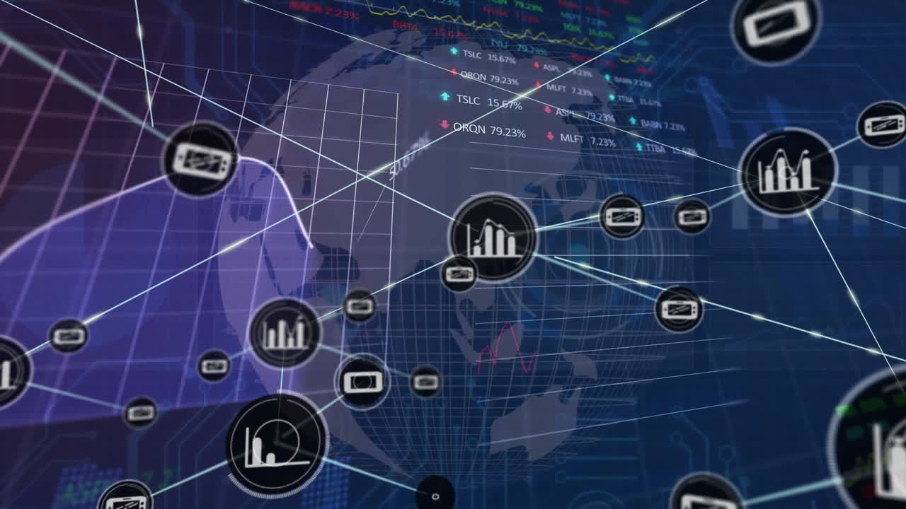 Animation of network of connections with icons and data processing over blue background