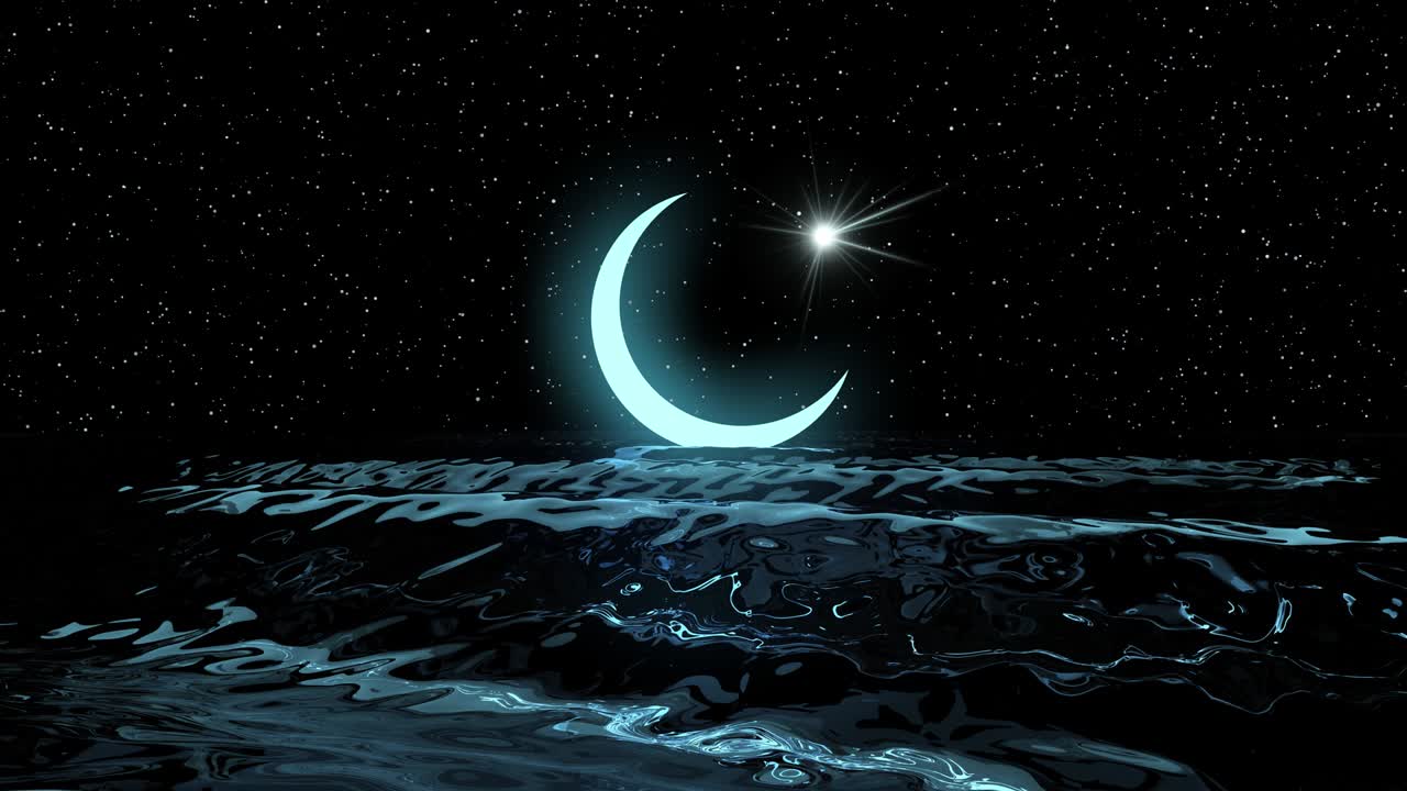 fe islámica símbolo religioso luna y estrella en las olas del océano.