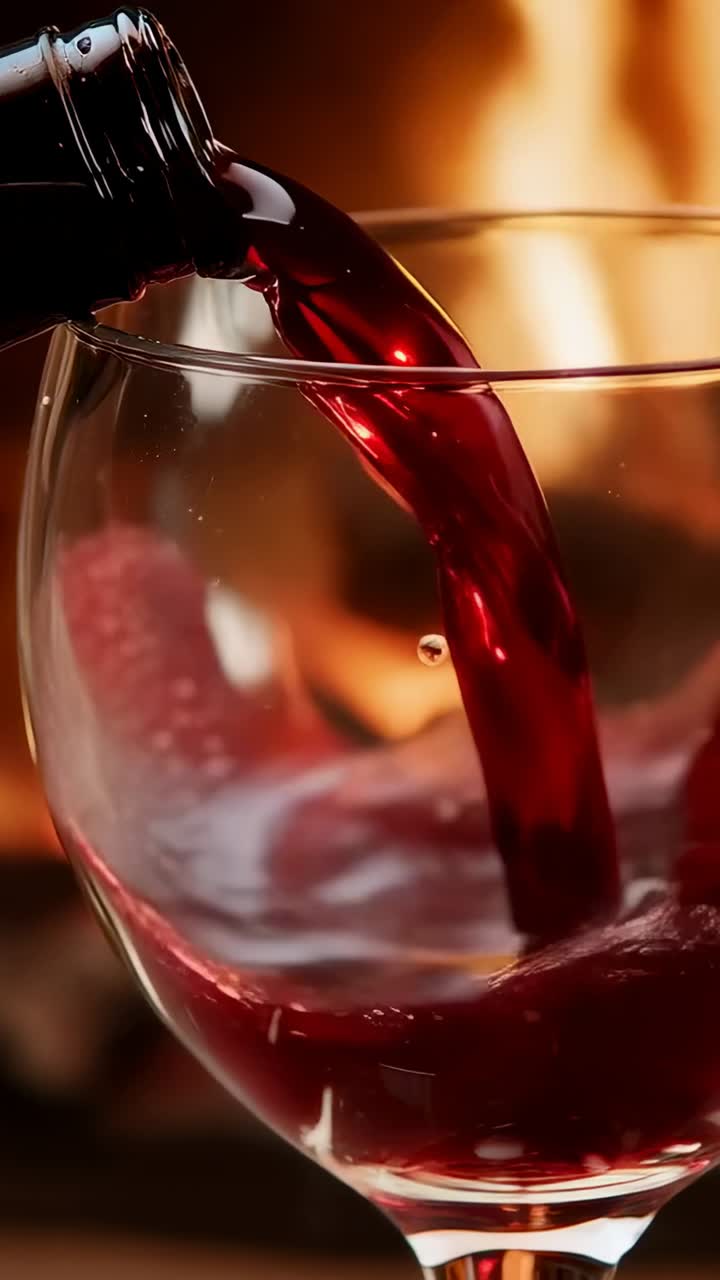 Video verticale: collo di bottiglia che si inclina mentre versa vino rosso, riempiendo un calice trasparente vicino al focolare illuminato