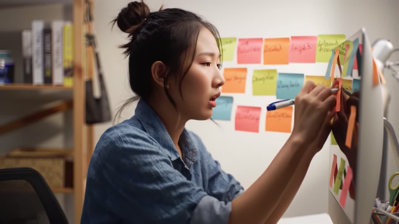 Focused Young Woman Strategically Organizing Colorful Sticky Notes on a Whiteboard While Working at Her Desk in a Cozy Home Office Setting