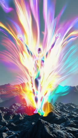 glowing figure on mountain peak