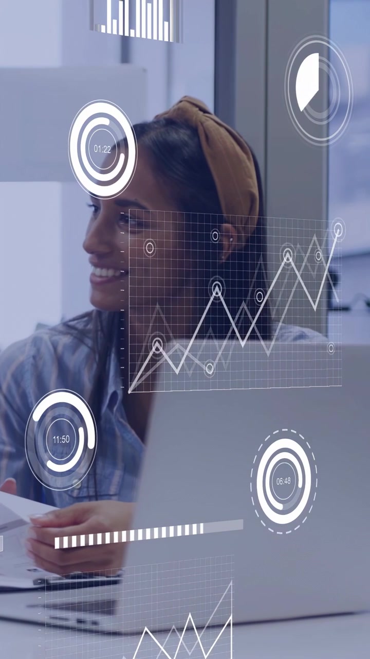 Vertical video: Woman hearing peer reviewing docs for team, business overlay updating laptop charts