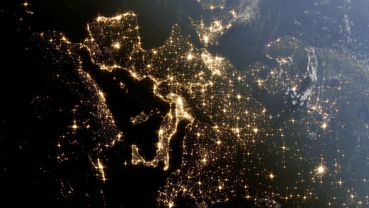 Animation of planet earth rotating with Europe light pollution map showing main capital city from the space 3d rendering animation