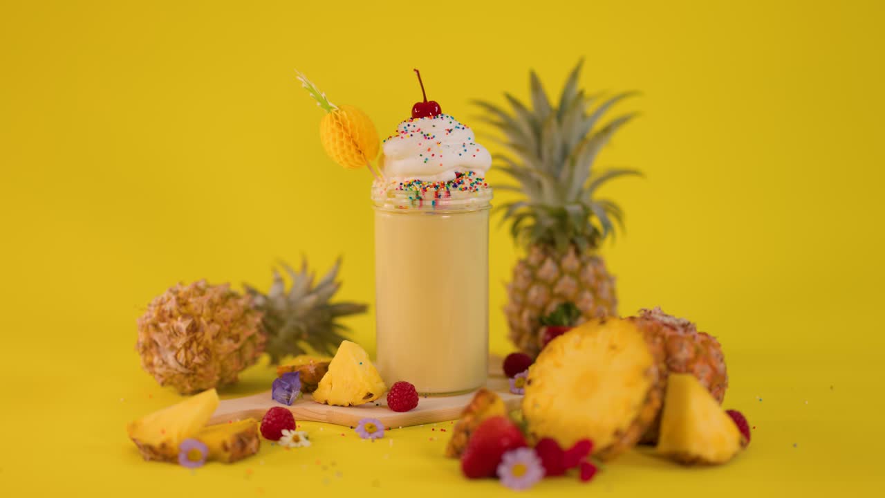 Hand grabs curly straw from tropical pineapple milkshake, surrounded by fresh fruit, bright lighting