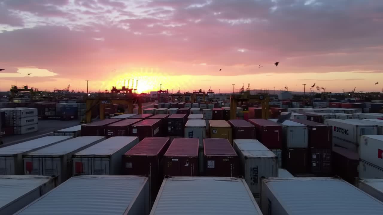 A breathtaking sunset over a bustling shipping yard, showcasing colorful containers silhouetted against the sky, creating a stunning visual contrast and vibrant atmosphere.