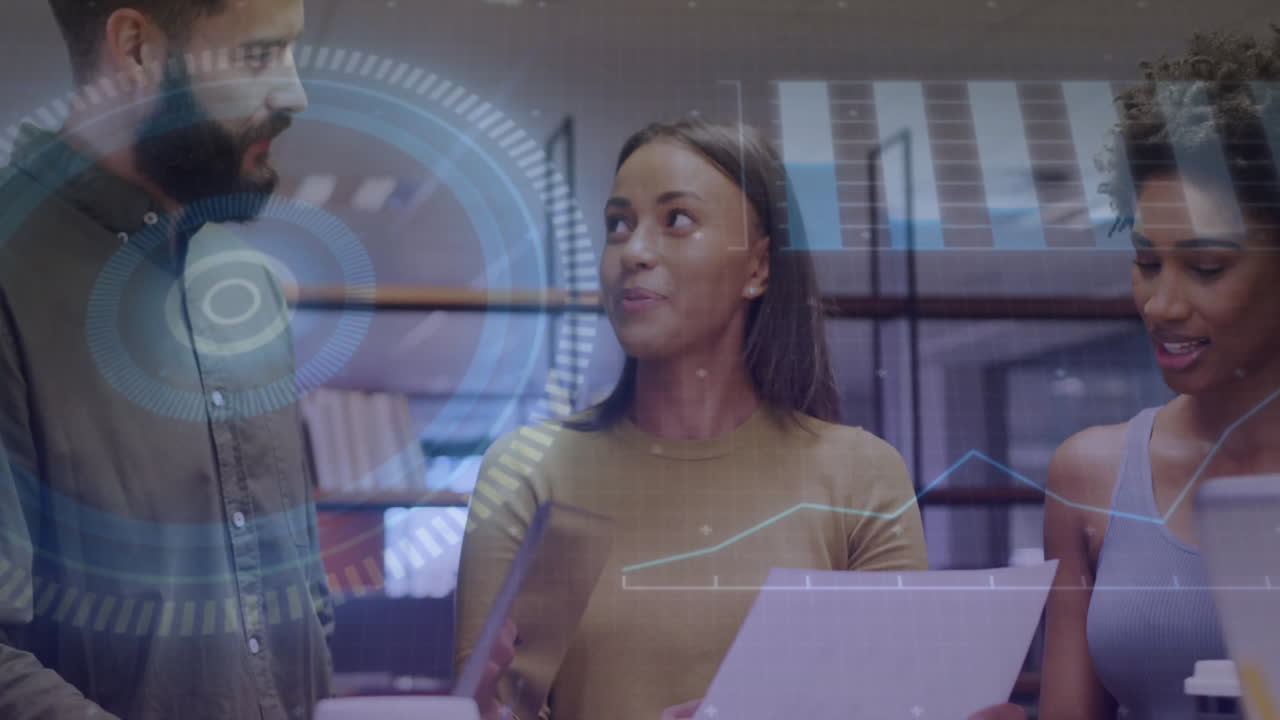 Three professionals collaborating around table in tech brainstorming, projecting holographic charts