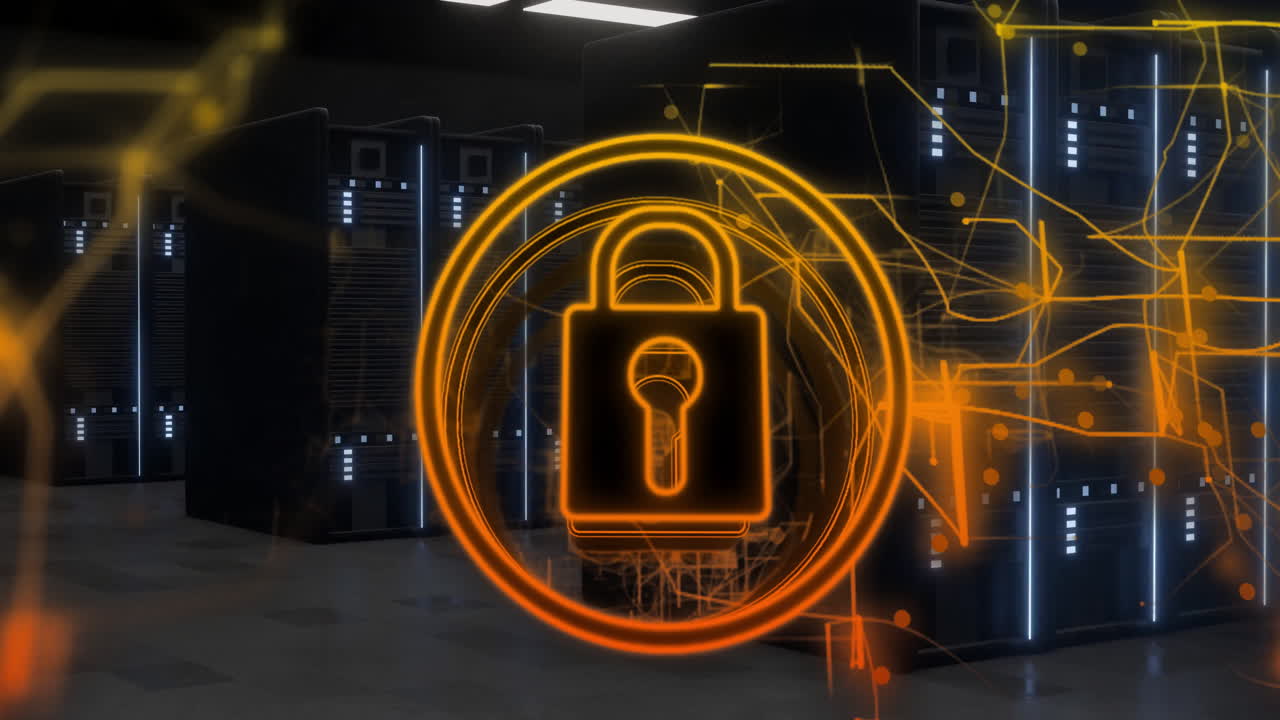Lock symbol and digital network animation over data servers in secure facility