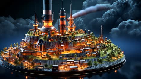 futuristic island landscape with glowing towers and intricate details