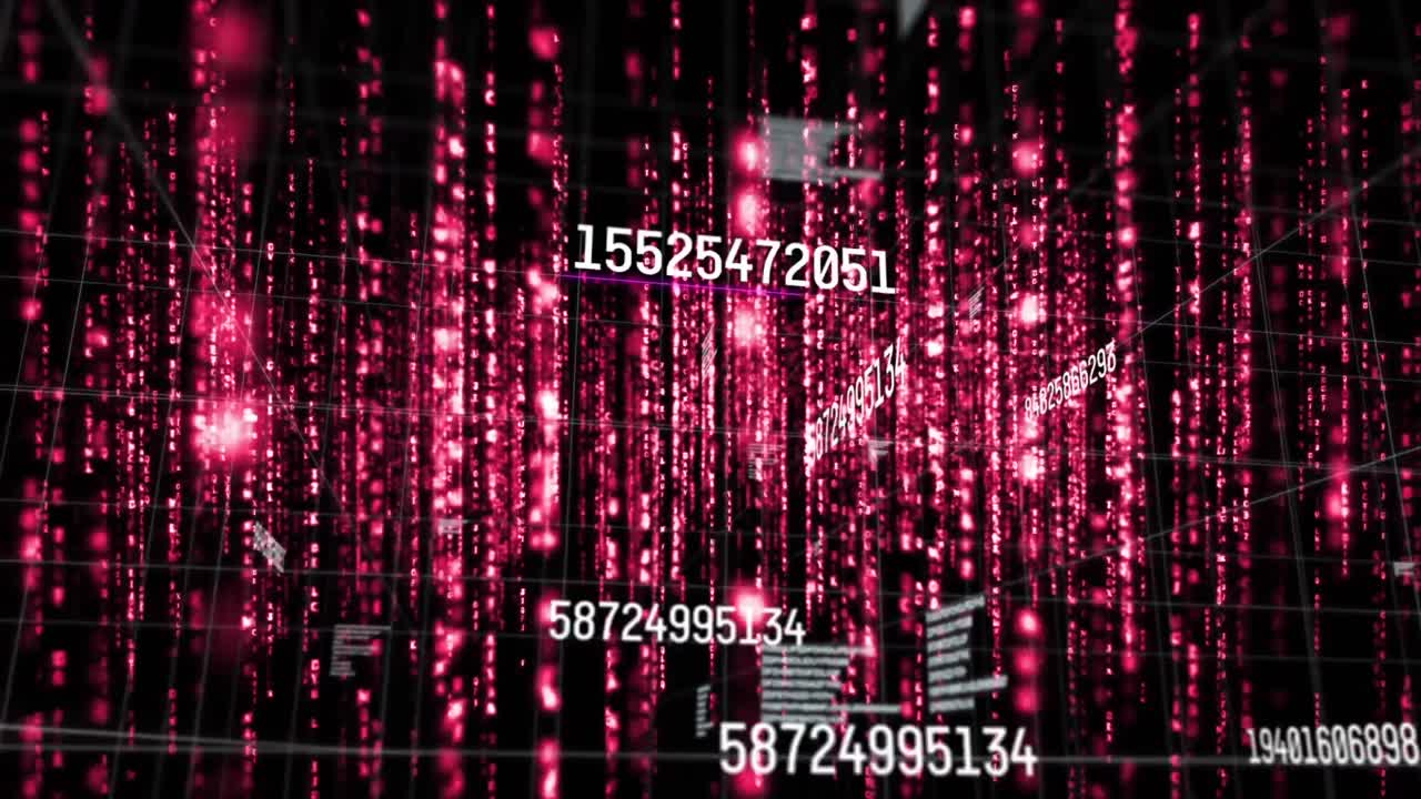 animación de números que cambian y procesamiento de datos sobre senderos de luz roja brillante