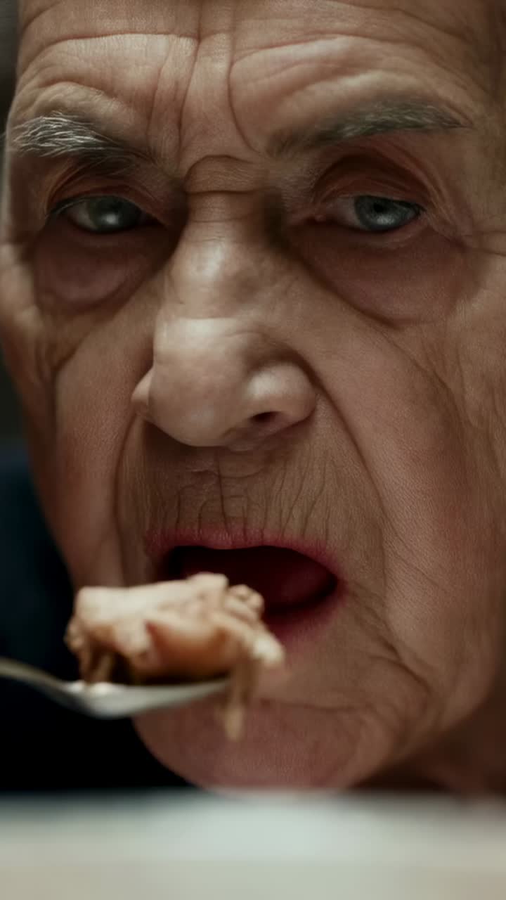 Vídeo vertical: hombre mayor recibiendo una cuchara de metal, dando un bocado en la mesa, masticando y reflexionando