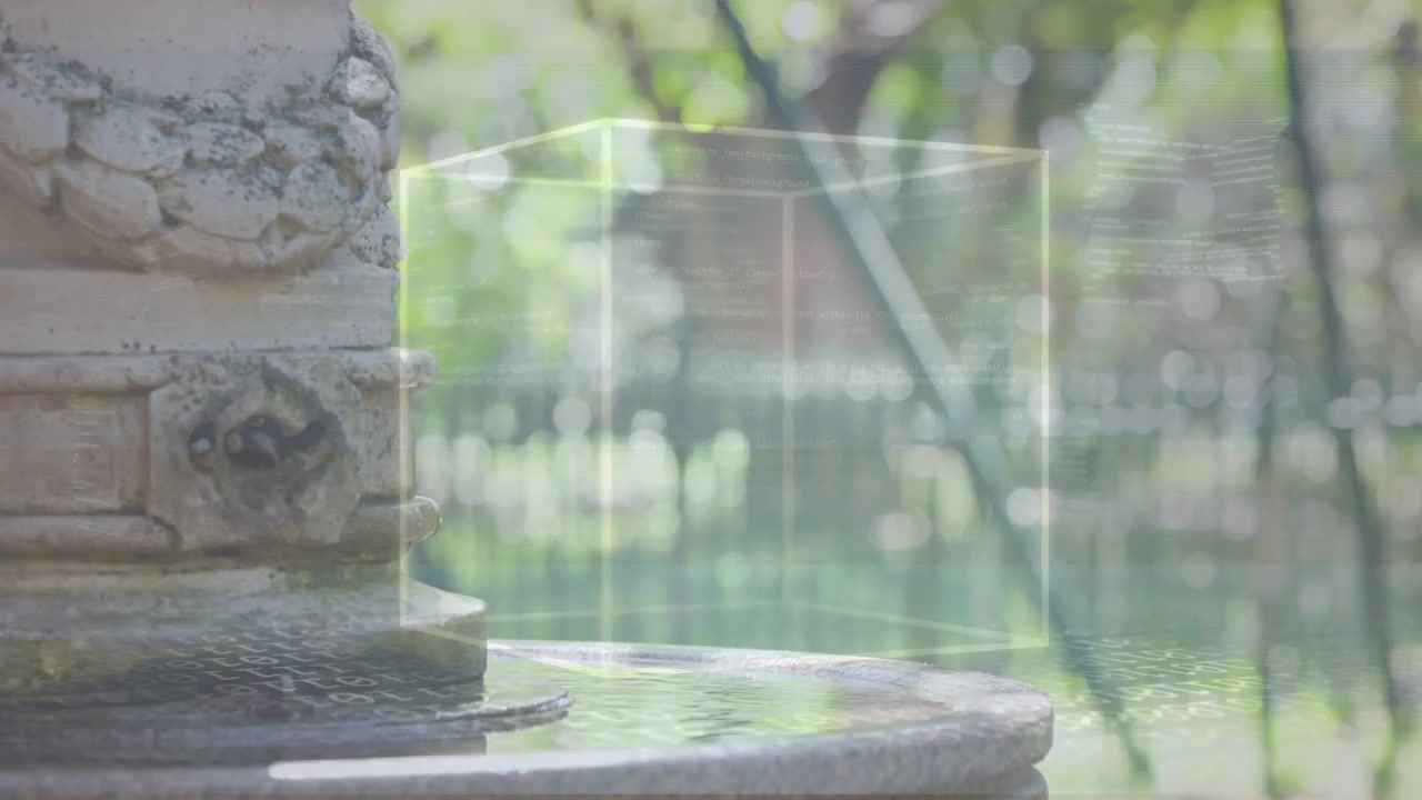 Fountain showing wet rim timed wireframe cube appearing blurred woman walking through showing AR