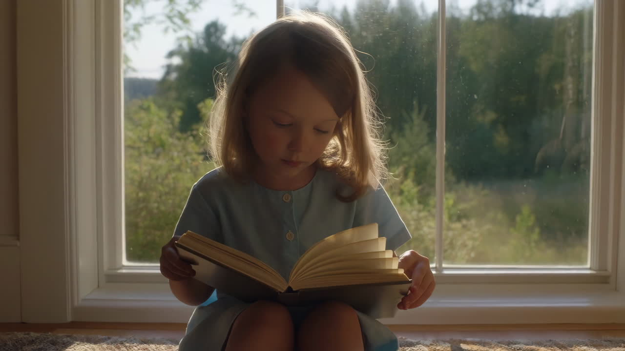 A young girl reads a book by a sunlit window