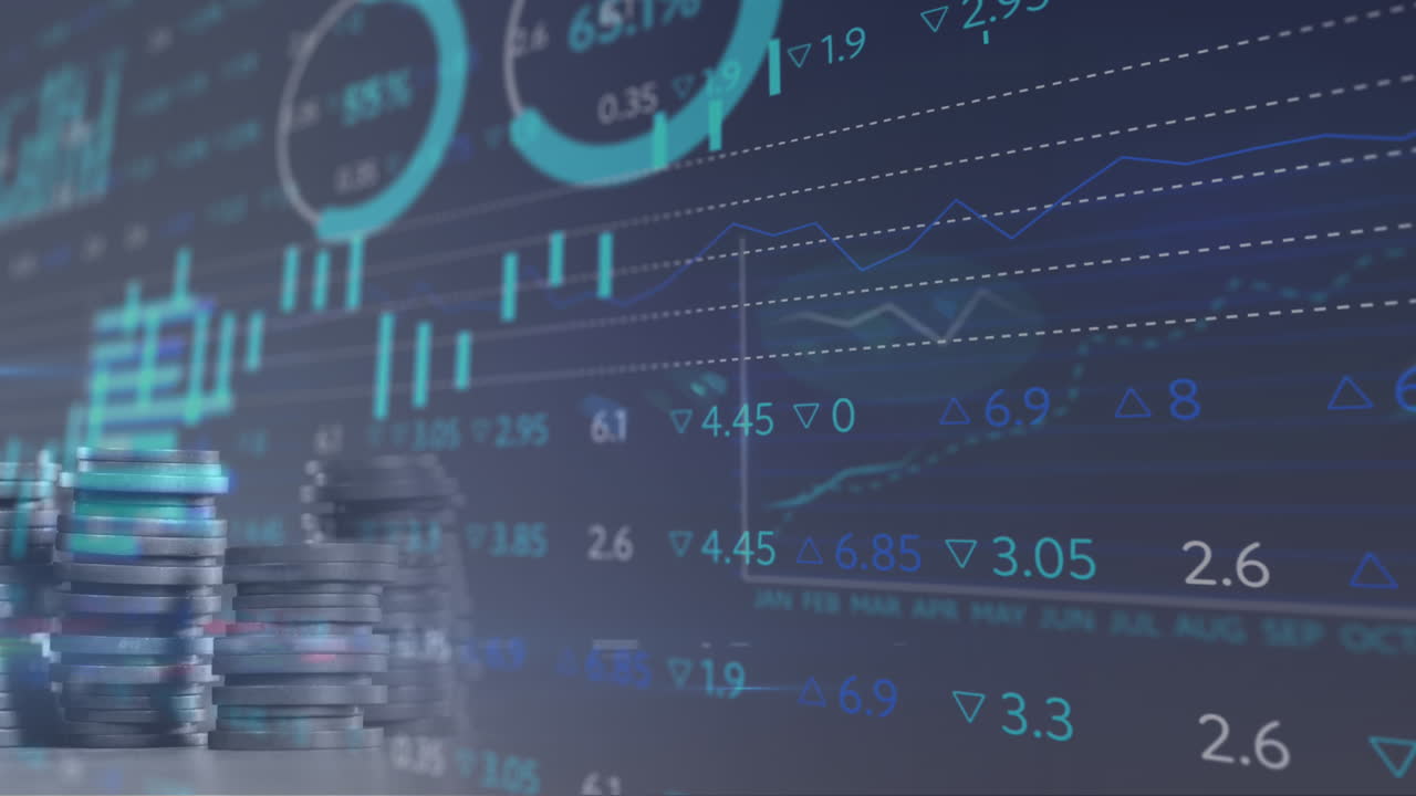 Animation of financial data processing over stacks of coins