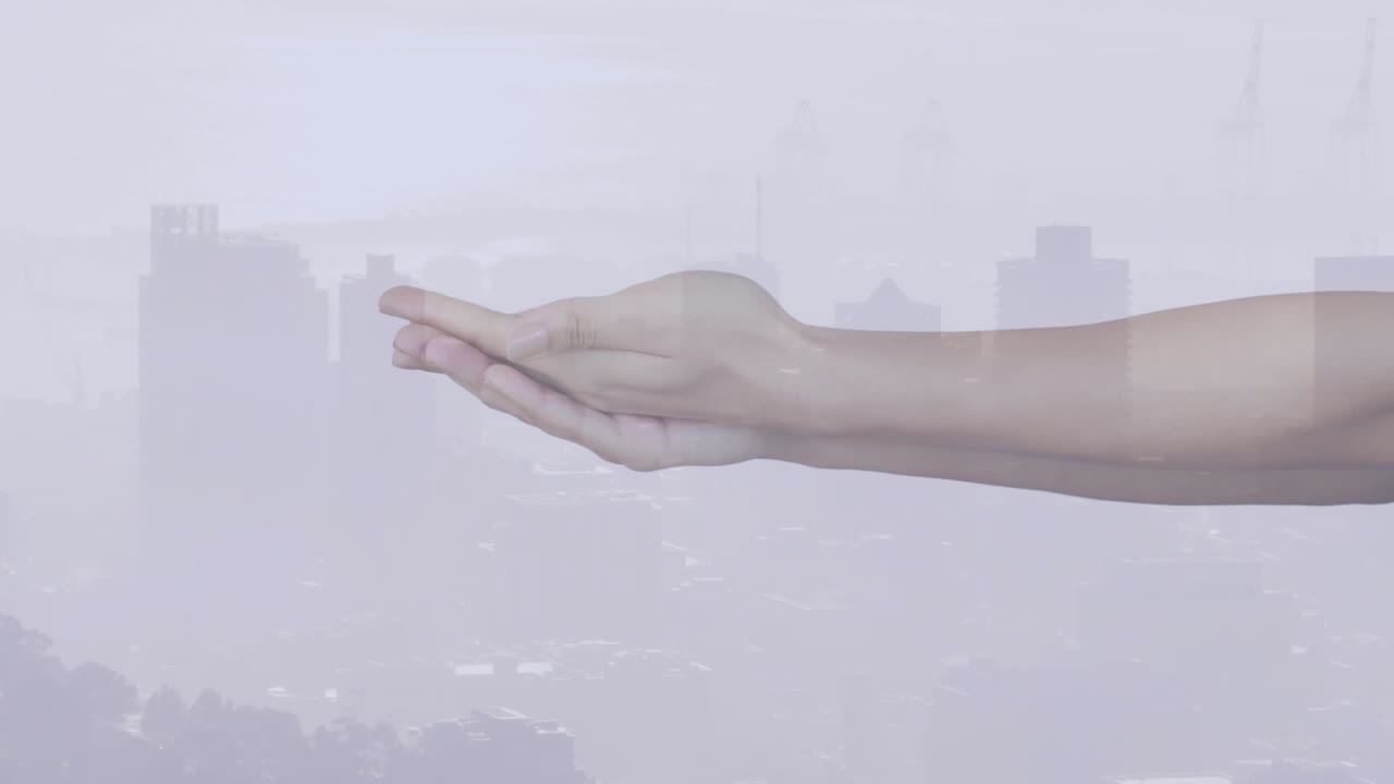 Outstretched hand in cityscape, suggesting offering or receiving animation gesture
