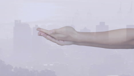 outstretched hand in cityscape, suggesting offering or receiving animation gesture