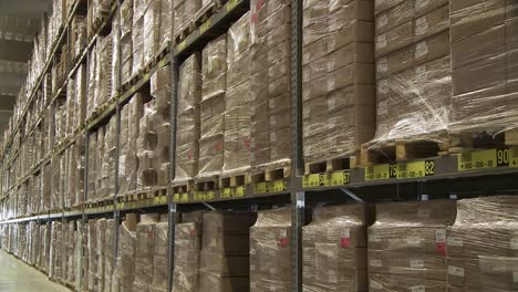 massive warehouse storage of cardboard boxes on pallets