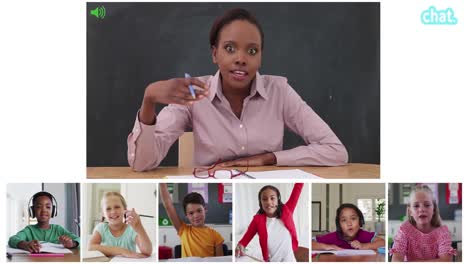 animación de pantallas de videollamadas de pizarra y diversos maestros y niños que tienen lecciones en línea