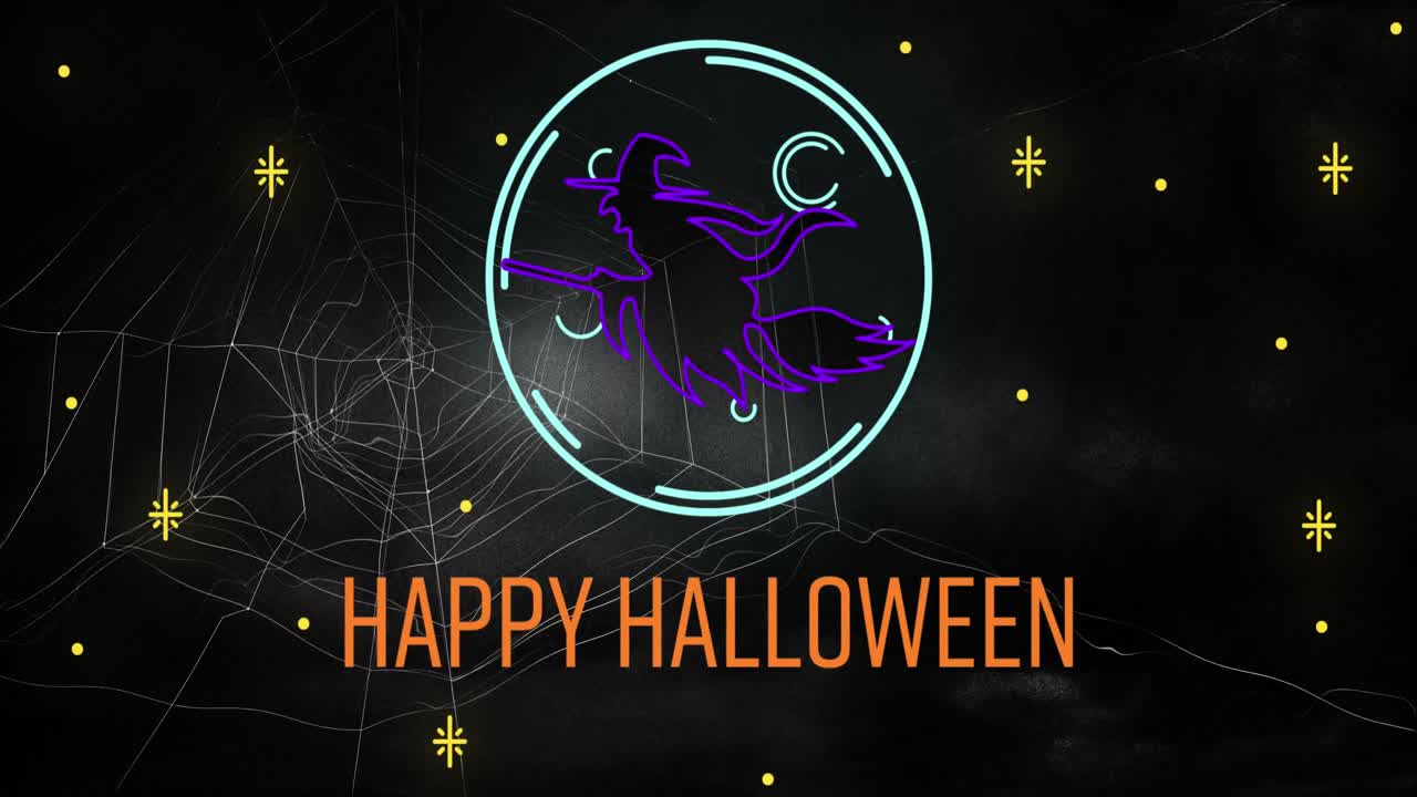 Happy Halloween Text Banner And Neon Witch Icon Against Spider  On