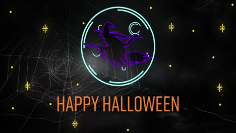 Happy-halloween-text-banner-and-neon-witch-icon-against-spider-web-on-black-background