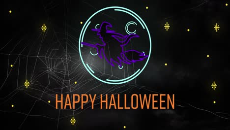 feliz banner de texto de halloween y icono de bruja de neón contra la telaraña sobre fondo negro