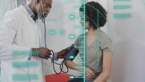 animación del procesamiento de datos sobre diversas mujeres pacientes y médicos que toman presión