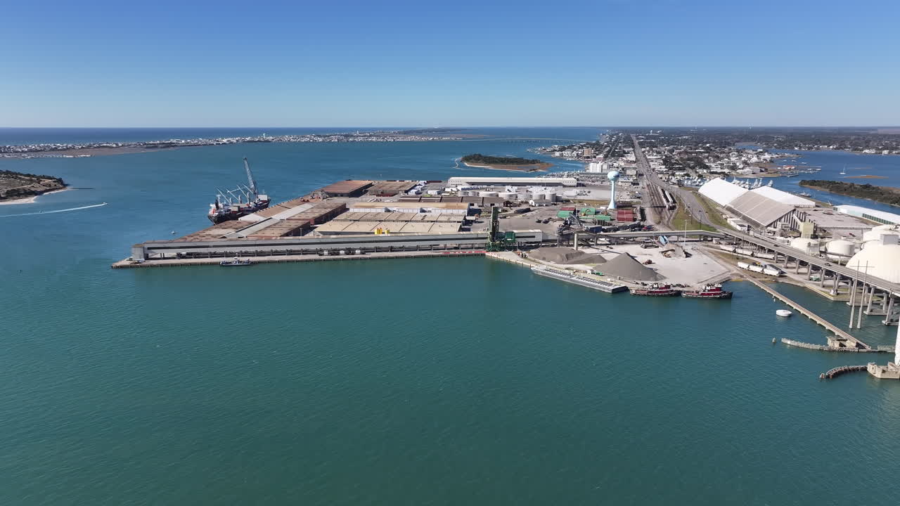 Drone shot of Morehead NC and water surrounding the area, port