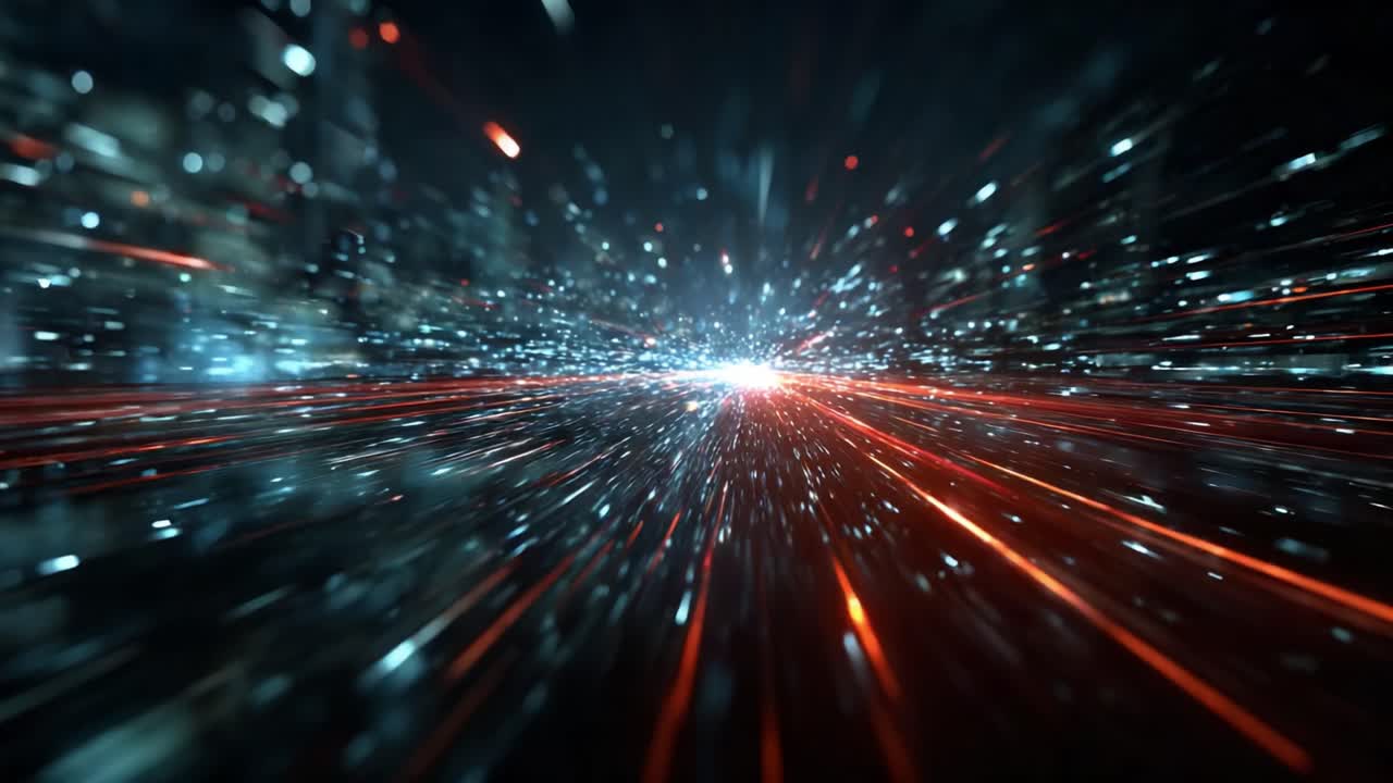 Dynamic Visualization of Light Streams and Particle Motion Through Space, Capturing the Essence of Speed and Energy in an Abstract Cosmic Environment