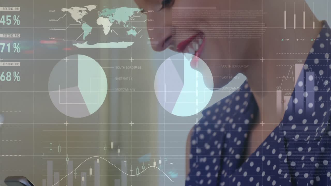 animación de estadísticas y procesamiento de datos sobre mujeres de negocios que usan teléfonos inteligentes