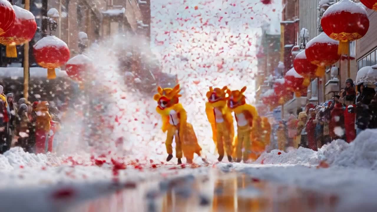 Vibrant Celebration of Culture Amidst Winter Wonderland: A Then and Now Snapshot of Colorful Dragon Dancers Enthralling Spectators in a Snow-Covered Street During Festive Festivities