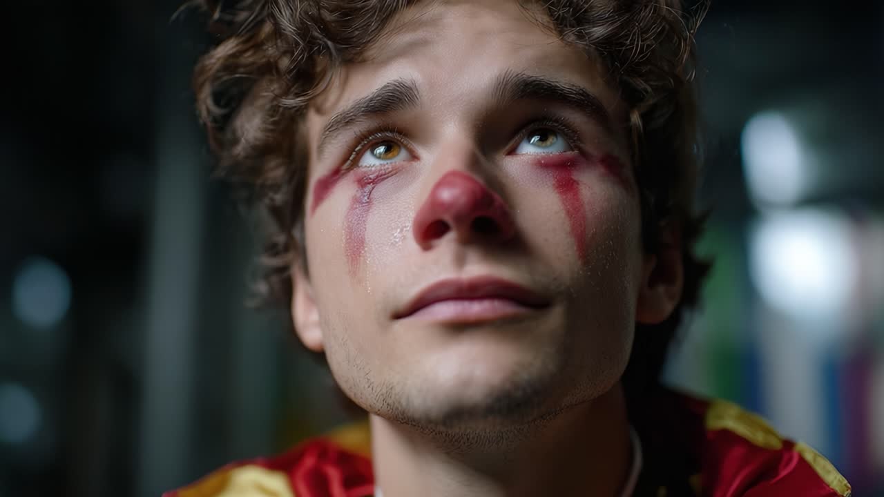 Un clown emozionale riflette in silenzio, esprimendo sentimenti profondi attraverso lacrime ed espressioni facciali, catturando un momento di vulnerabilità e introspezione