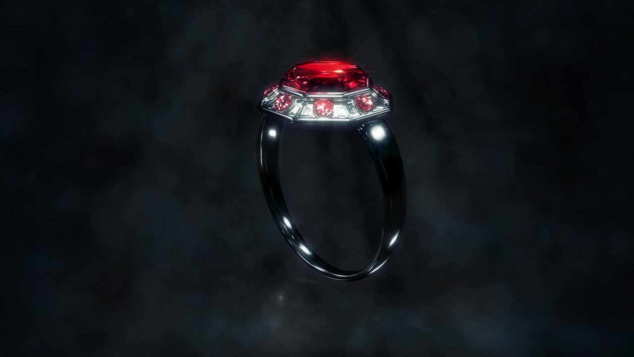 Shining dark metal ring with red ruby gem stone rotate, fictitious - loop video