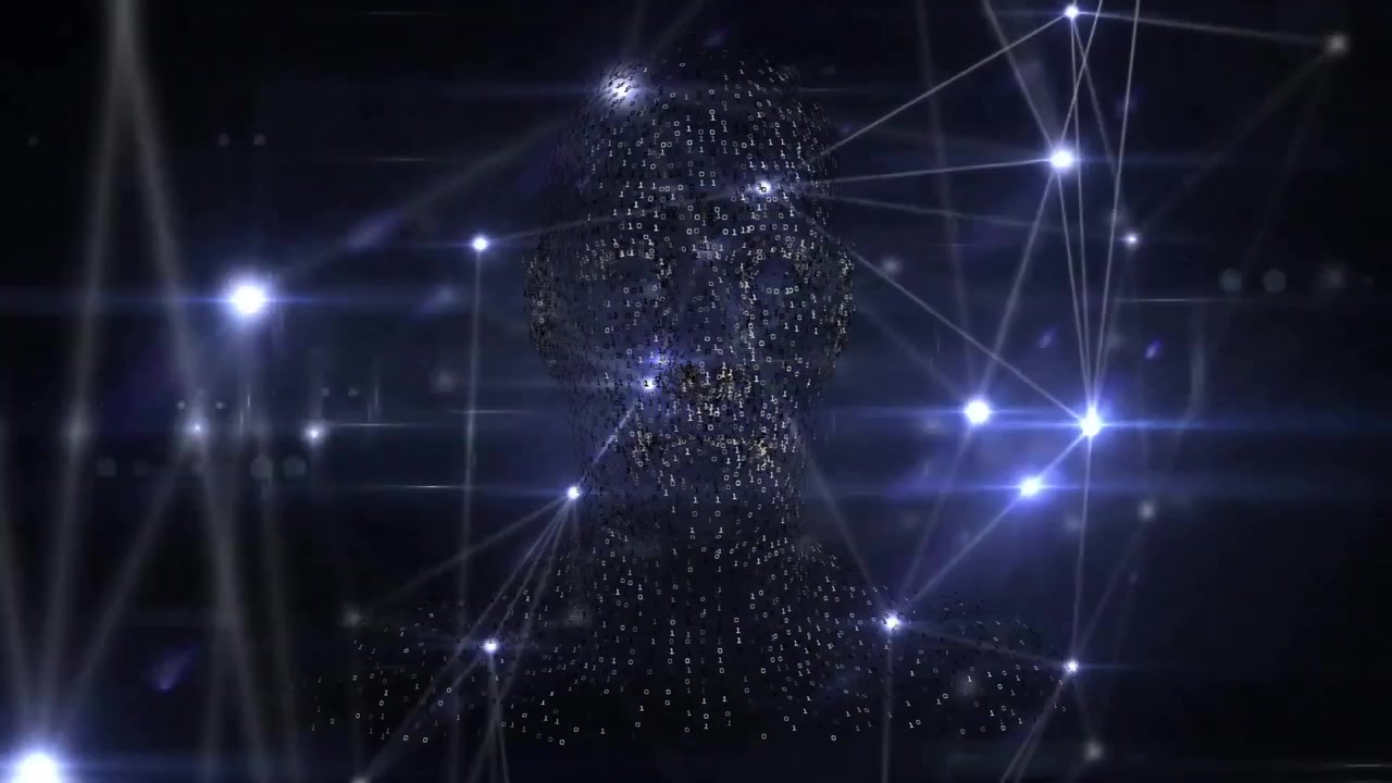 Scattered nodes coalescing into head, pulsating center node then scattering to show network