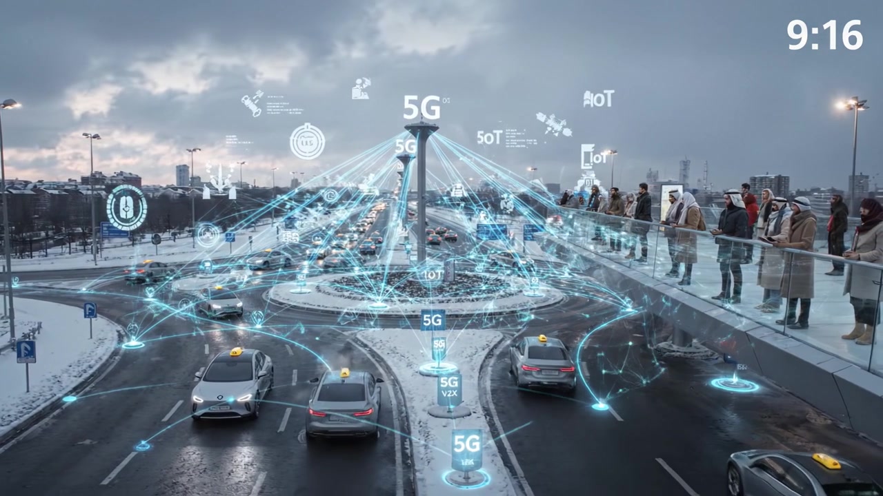 Un incrocio urbano dinamico che mostra connettività 5G avanzata con veicoli autonomi, infrastrutture intelligenti e osservazione umana in un ambiente innevato.