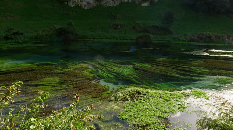 Inquadratura ampia di Blue Spring Putaruru in Nuova Zelanda.