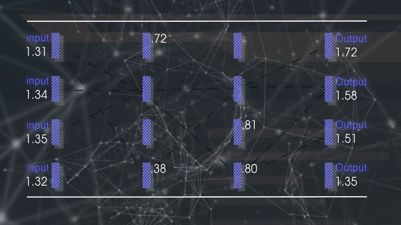 Animation of data processing and network of connections on black background