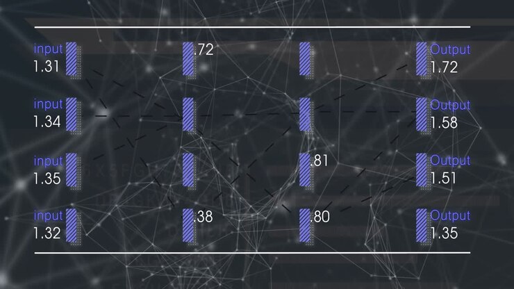 Animation of data processing and network of connections on black background