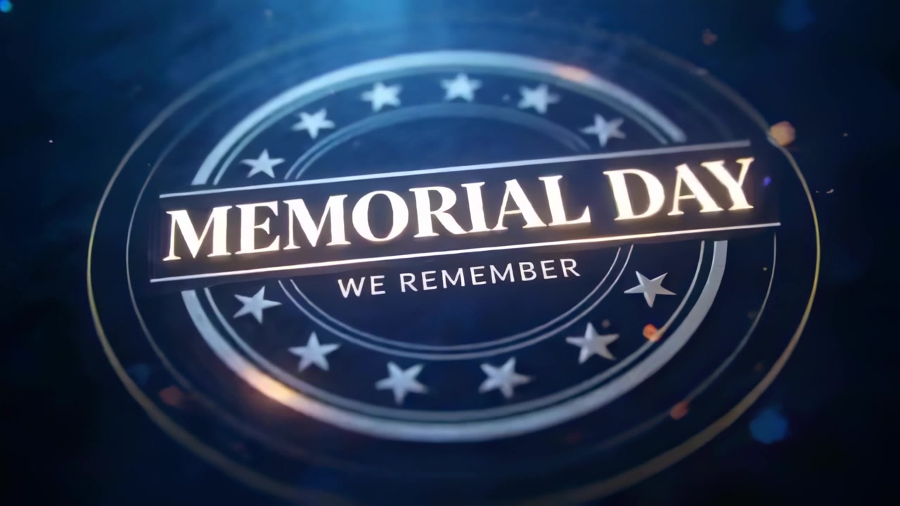 Rotating memorial emblem reacting to lighting shifts in dark studio emphasizing MEMORIAL DAY ribbon