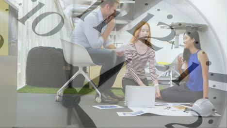 animation of clock moving over diverse colleagues discussing work