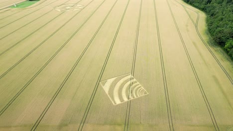 aerial view circling geometric wave crop square pattern in micheldever, hampshire farmland 2023