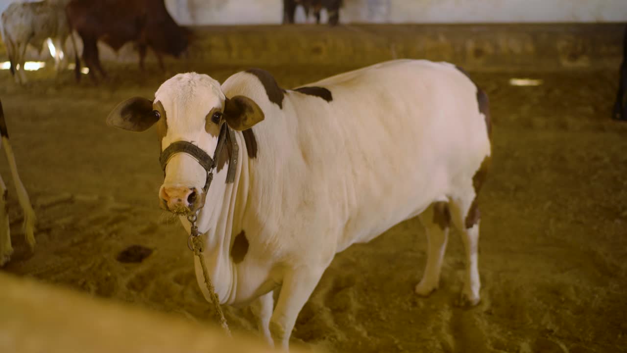 Allevamento di bestiame nel Sindh, Pakistan: primo piano di una mucca bianca e marrone in una stalla, che rappresenta l'agricoltura e la vita rurale dell'Asia meridionale.