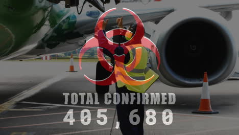 el concepto de la pandemia de covid-19 se muestra con el aumento de los casos y el signo de peligro sobre la animación del avión.