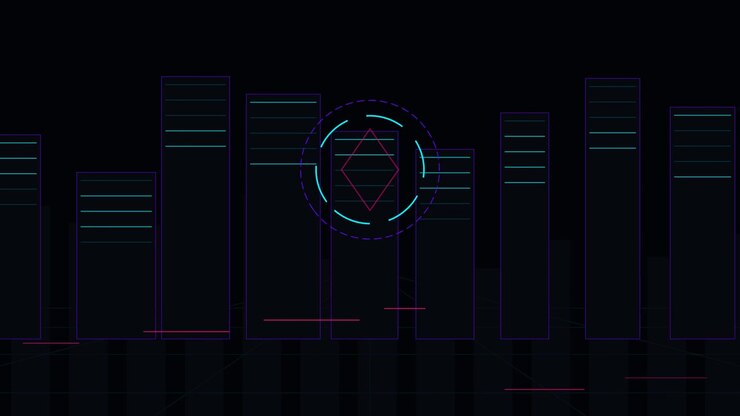 Abstract Digital Cityscape with Pulsing Geometric HUD Elements