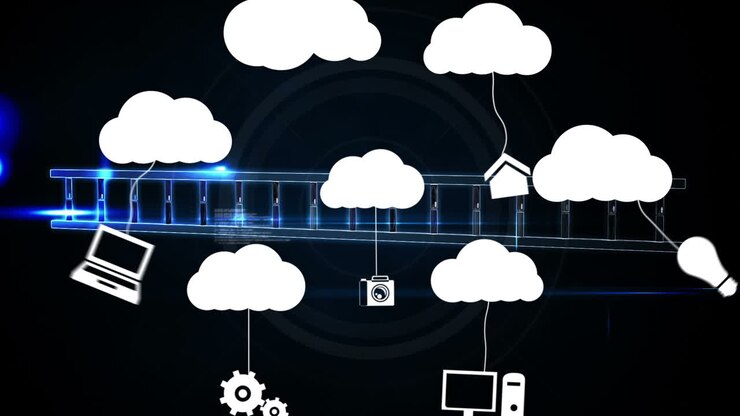 Animation of media icons and dna strand on black background
