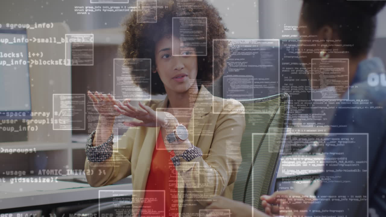 Animation of financial data processing over diverse business people in office