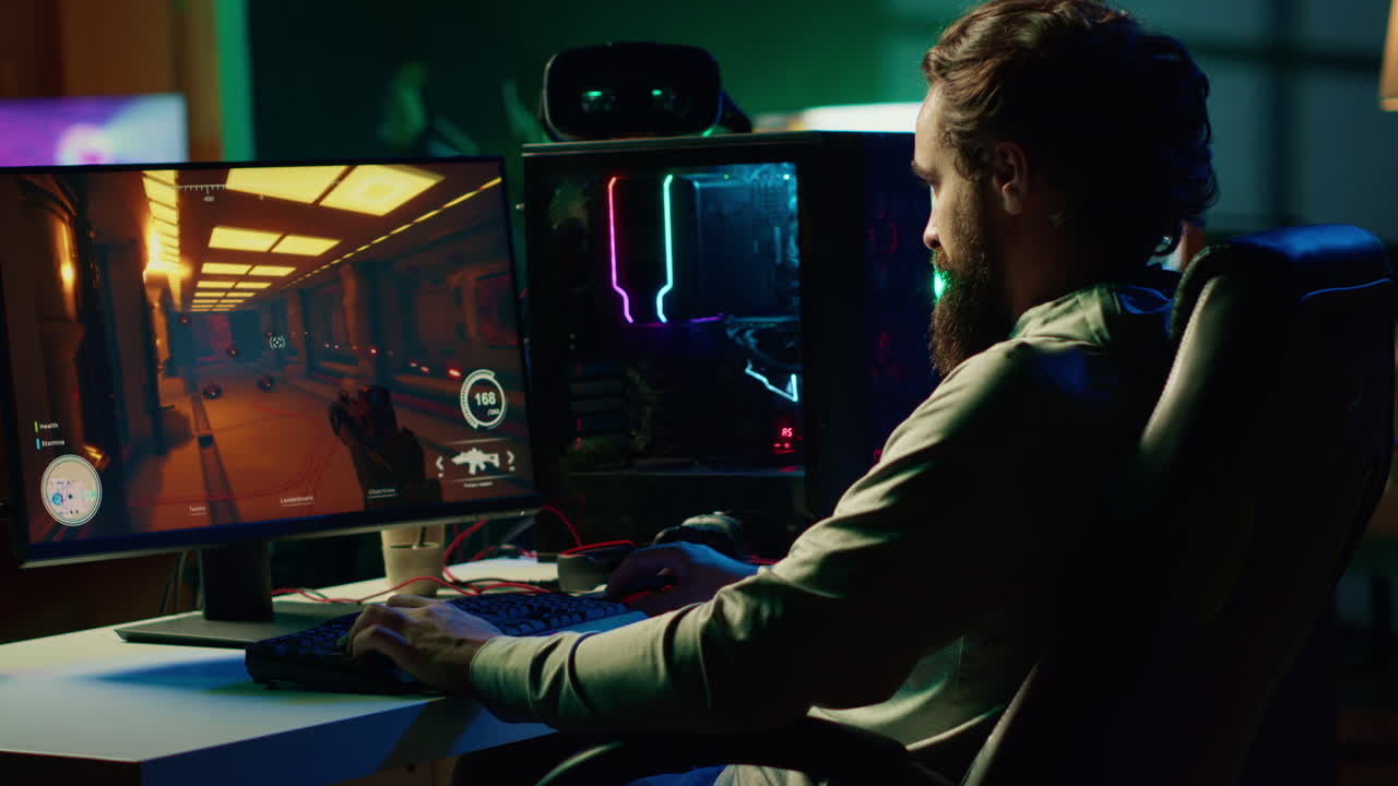 Gamer competing in PvP online multiplayer game tourney against opponents