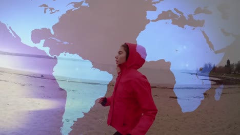 animation of world map and flashing lights over woman jogging on beach