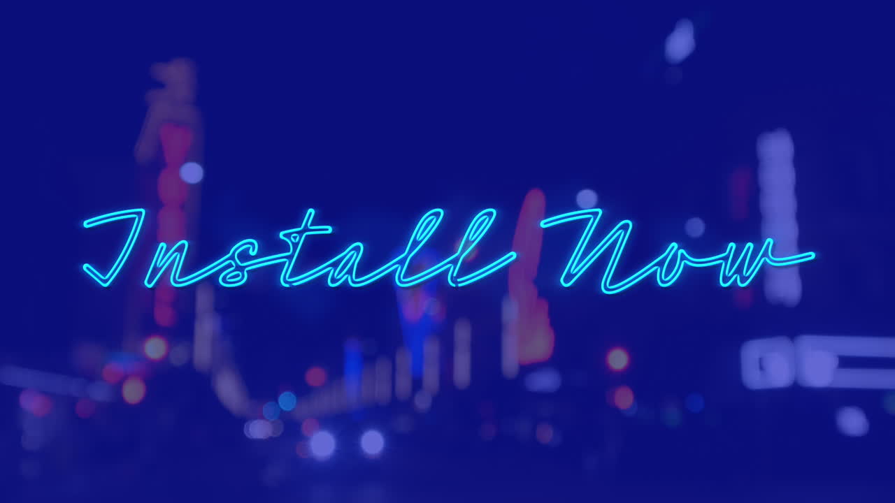 블루 배경에 밤에 도시 풍경 위에 지금 설치 텍스트의 애니메이션