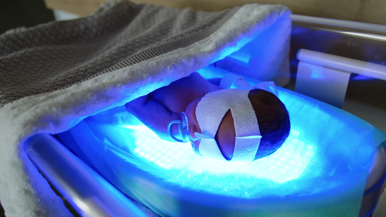 Naked newborn child lies on the ultraviolet lamp. The child is treated from jaundice.