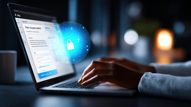 Betrokken zijn bij online beveiliging: een gebruiker gebruikt een laptop voor veilige toegang terwijl een digitaal beveiligingsicoon het scherm verlicht, met focus op cyberbescherming en privacymaatregelen