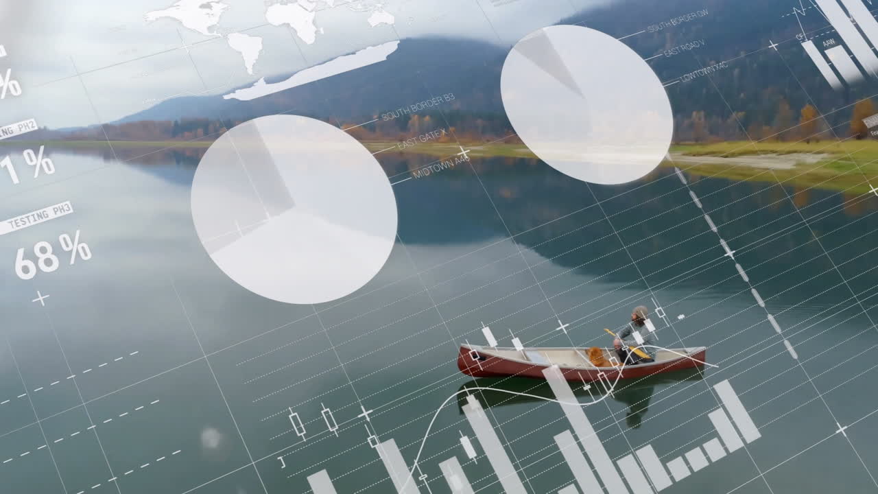 Canoeist on calm lake with financial data and graphs animation overlay